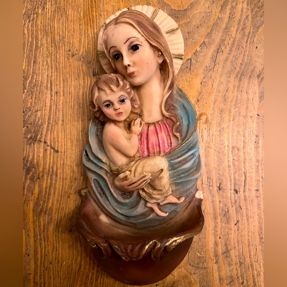 VTG Handcrafted Ceramic Madonna and Child Wall Art Holy Water Font